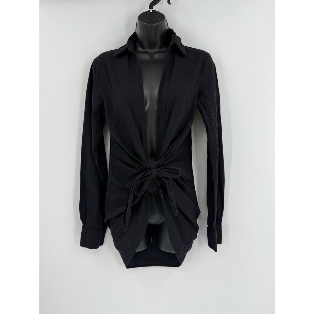 White Fox Plunging Neckline Tie Front Long Sleeve Top | Black | Small